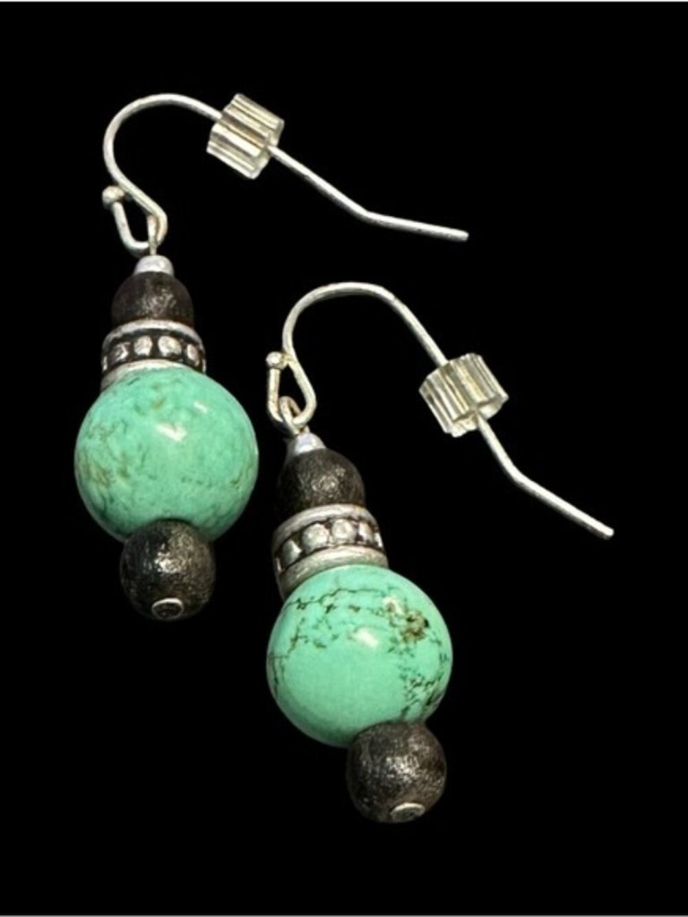 Natural Stone Dangle Earrings Blue Black Silver Tone Beaded